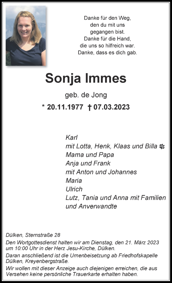Traueranzeige von Sonja Immes von Zeitung am Sonntag