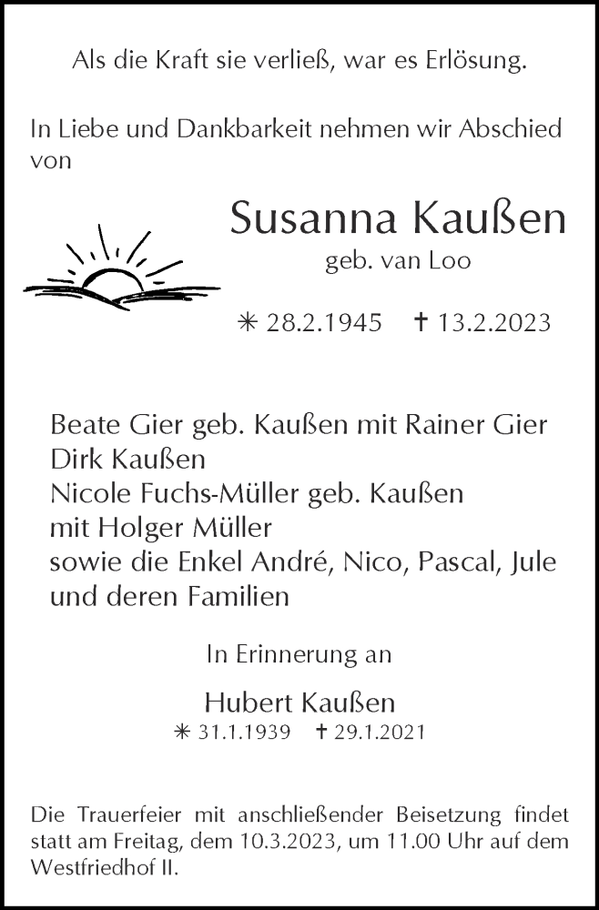  Traueranzeige für Susanna Kaußen vom 05.03.2023 aus Zeitung am Sonntag
