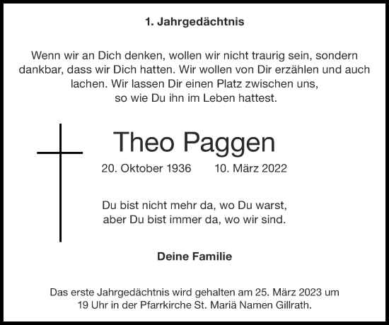 Traueranzeige von Theo Paggen von Zeitung am Sonntag