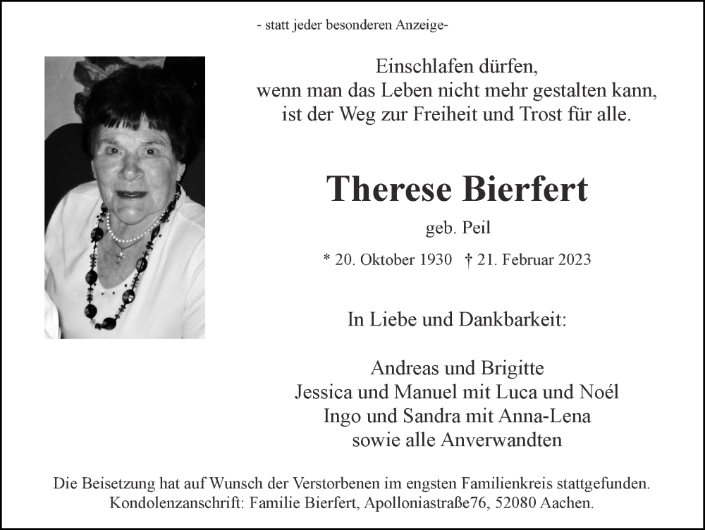  Traueranzeige für Therese Bierfert vom 12.03.2023 aus Zeitung am Sonntag