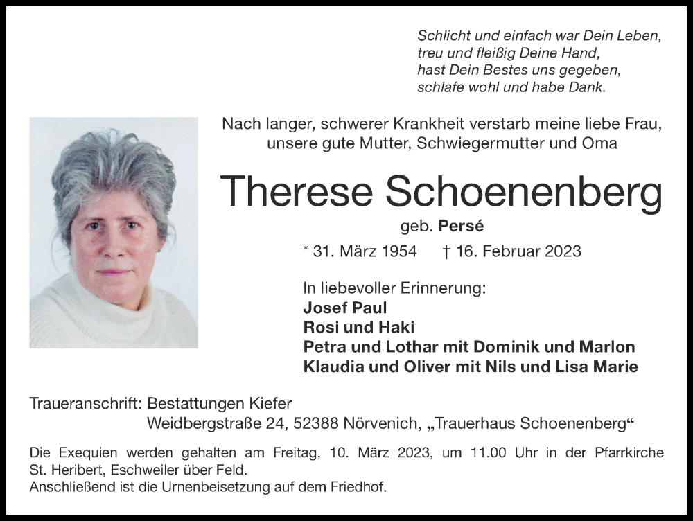  Traueranzeige für Therese Schoenenberg vom 05.03.2023 aus Zeitung am Sonntag