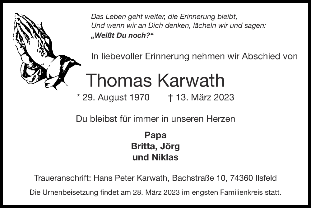  Traueranzeige für Thomas Karwath vom 19.03.2023 aus Zeitung am Sonntag