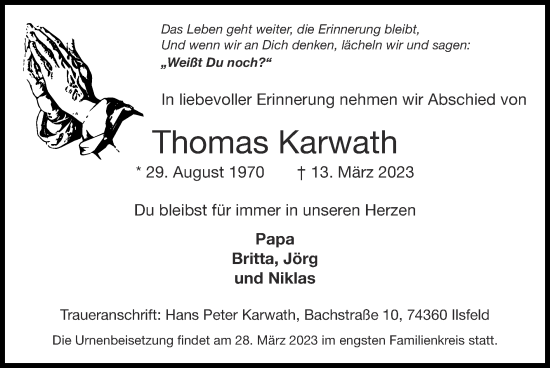 Traueranzeige von Thomas Karwath von Zeitung am Sonntag
