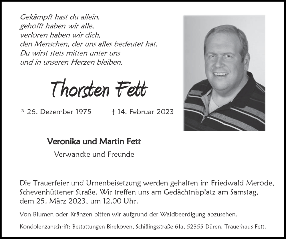  Traueranzeige für Thorsten Fett vom 12.03.2023 aus Zeitung am Sonntag