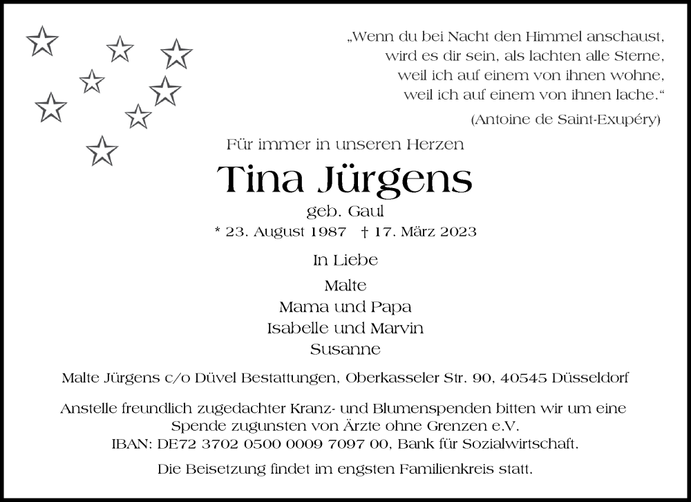  Traueranzeige für Tina Jürgens vom 01.04.2023 aus Aachener Zeitung