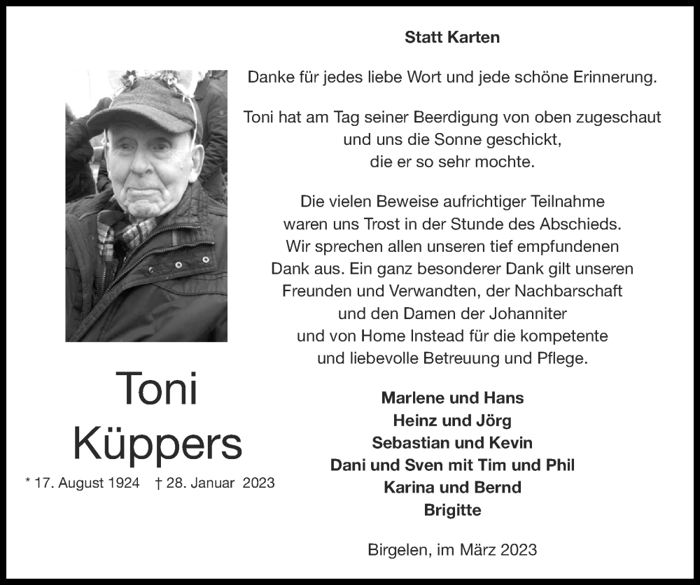 Traueranzeige für Toni Küppers vom 05.03.2023 aus Zeitung am Sonntag