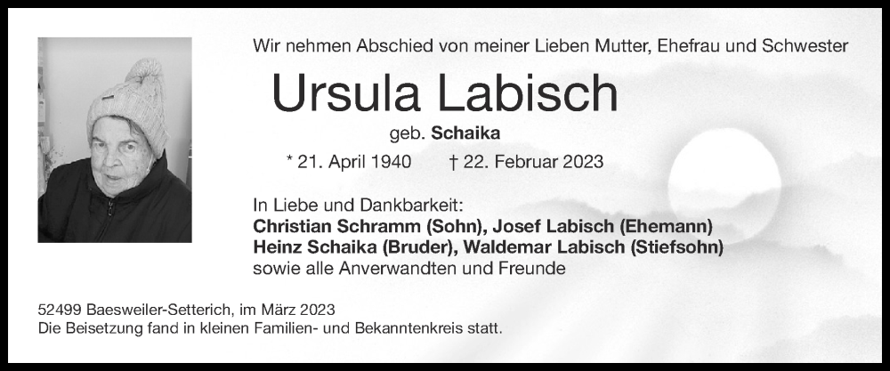  Traueranzeige für Ursula Labisch vom 19.03.2023 aus Zeitung am Sonntag