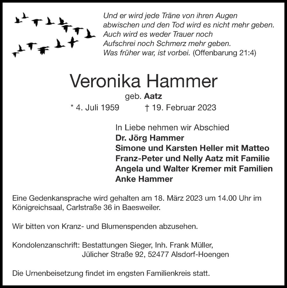  Traueranzeige für Veronika Hammer vom 05.03.2023 aus Zeitung am Sonntag