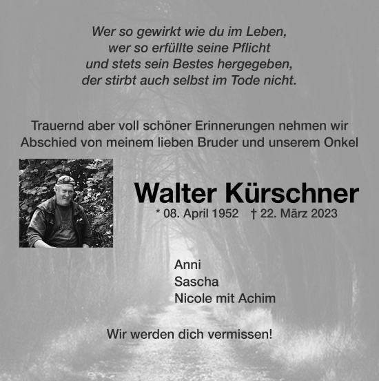 Traueranzeige von Walter Kürschner von Zeitung am Sonntag