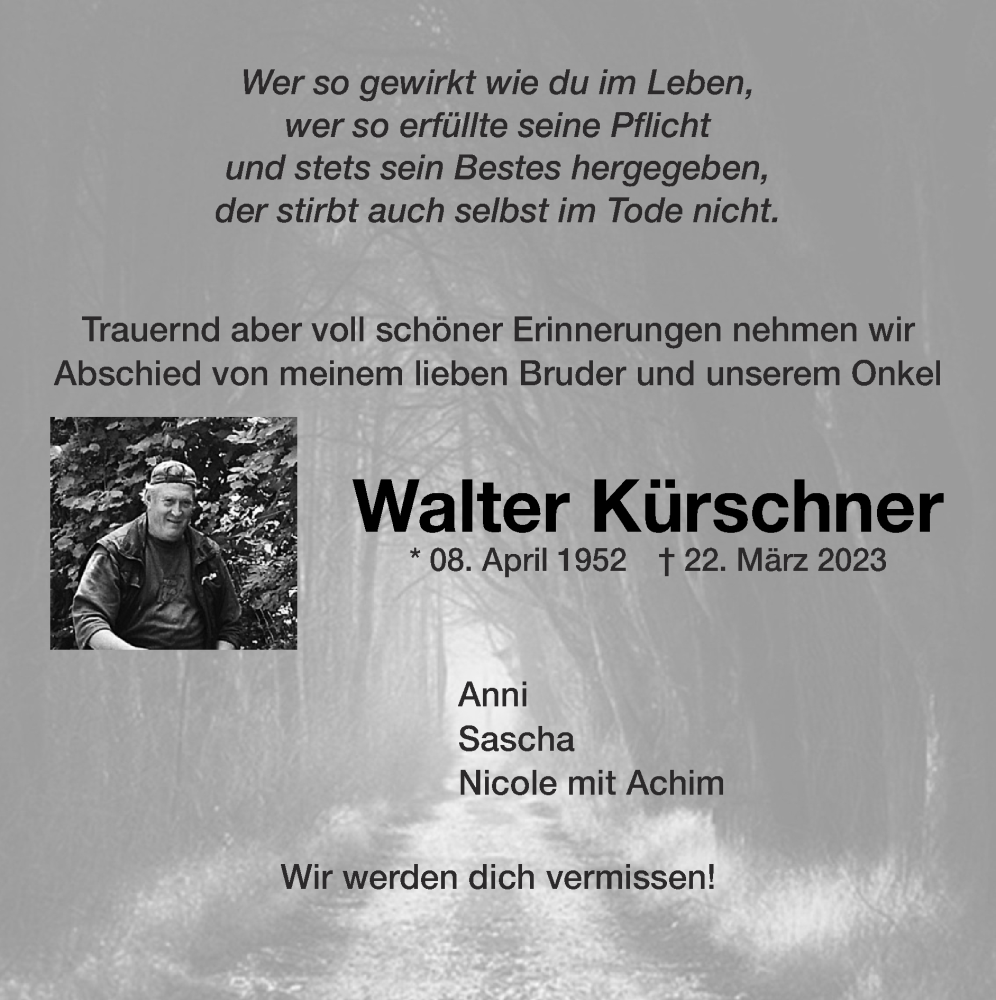  Traueranzeige für Walter Kürschner vom 26.03.2023 aus Zeitung am Sonntag