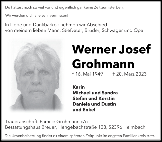 Traueranzeige von Werner Josef Grohmann von Zeitung am Sonntag