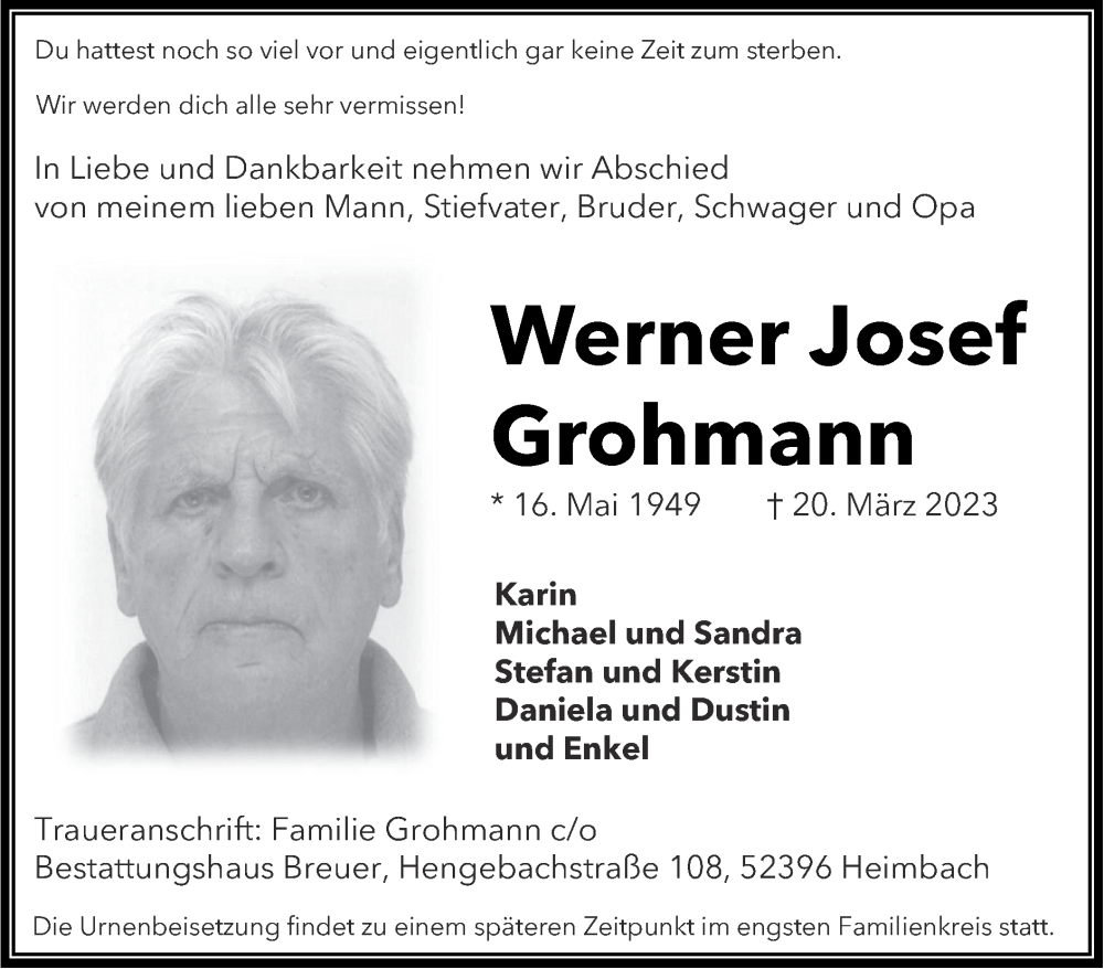  Traueranzeige für Werner Josef Grohmann vom 26.03.2023 aus Zeitung am Sonntag