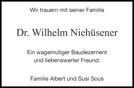 Traueranzeige von Wilhelm Niehüsener von Aachener Zeitung / Aachener Nachrichten