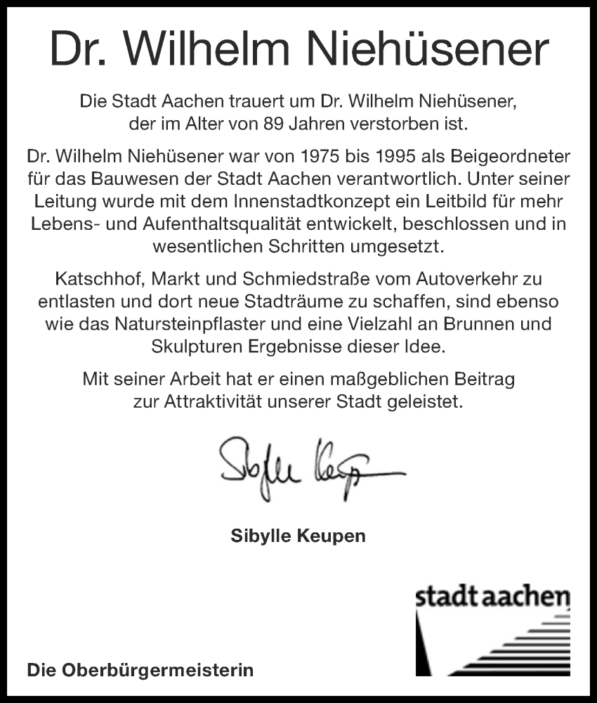  Traueranzeige für Wilhelm Niehüsener vom 11.03.2023 aus Aachener Zeitung / Aachener Nachrichten