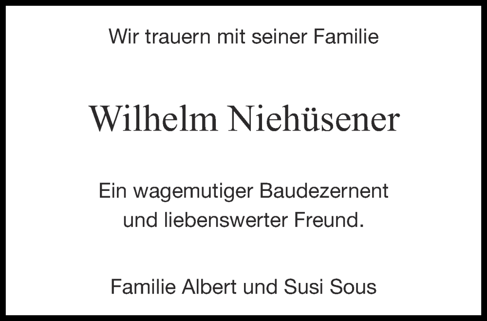  Traueranzeige für Wilhelm Niehüsener vom 18.03.2023 aus Aachener Zeitung / Aachener Nachrichten