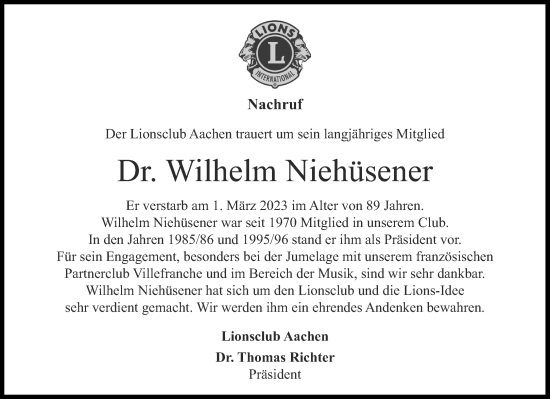 Traueranzeige von Wilhelm Niehüsener von Aachener Zeitung