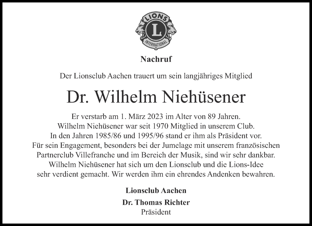  Traueranzeige für Wilhelm Niehüsener vom 25.03.2023 aus Aachener Zeitung