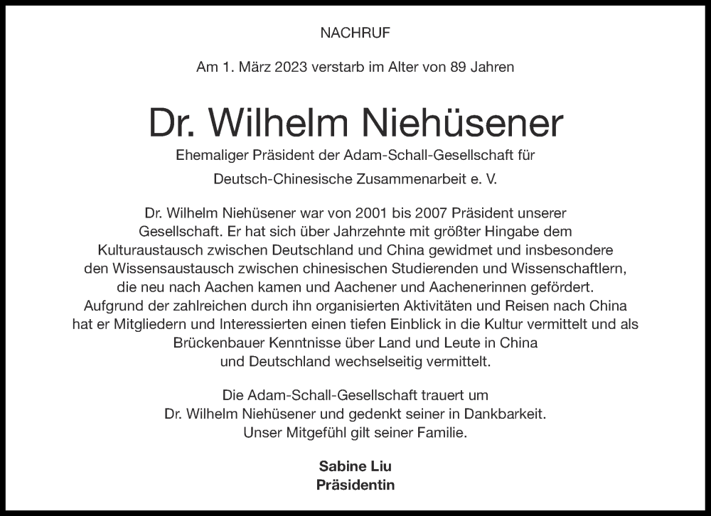  Traueranzeige für Wilhelm Niehüsener vom 18.03.2023 aus Aachener Zeitung / Aachener Nachrichten