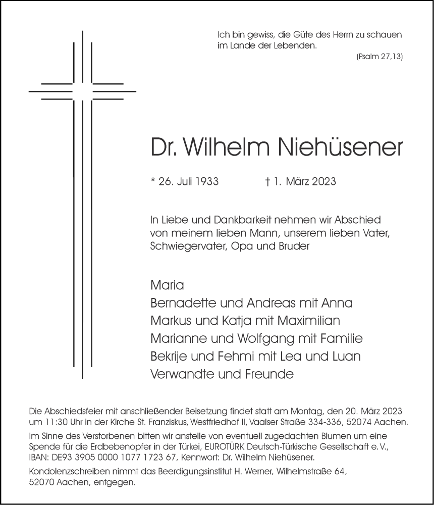  Traueranzeige für Wilhelm Niehüsener vom 11.03.2023 aus Aachener Zeitung / Aachener Nachrichten