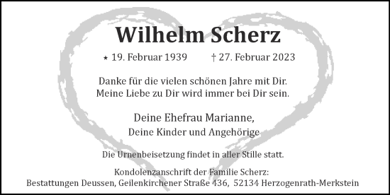 Traueranzeige von Wilhelm Scherz von Zeitung am Sonntag
