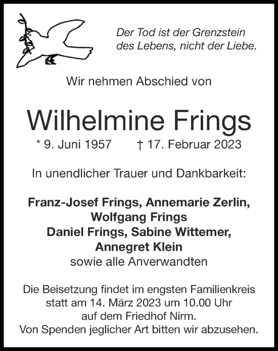 Traueranzeige von Wilhelmine Frings von Zeitung am Sonntag