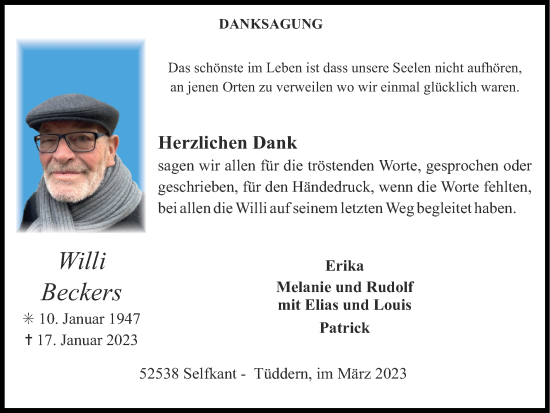 Traueranzeige von Willi Beckers von Zeitung am Sonntag