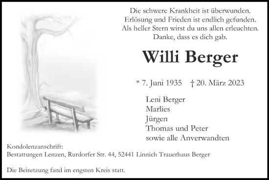 Traueranzeige von Willi Berger von Zeitung am Sonntag