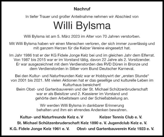 Traueranzeige von Willi Bylsma von Zeitung am Sonntag