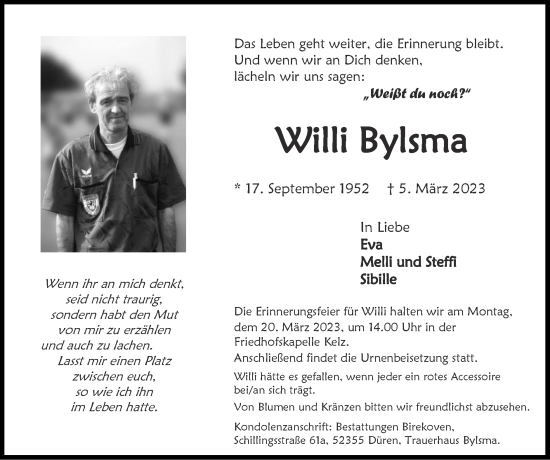 Traueranzeige von Willi Bylsma von Zeitung am Sonntag