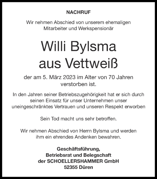 Traueranzeige von Willi Bylsma von Zeitung am Sonntag