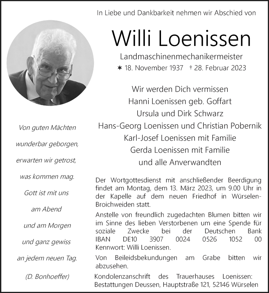  Traueranzeige für Willi Loenissen vom 12.03.2023 aus Zeitung am Sonntag