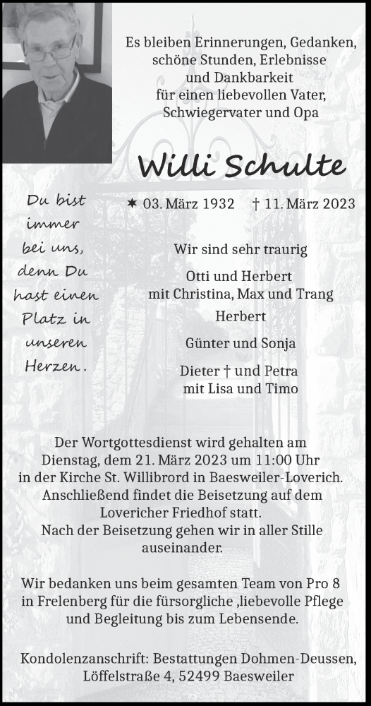 Traueranzeige von Willi Schulte von Zeitung am Sonntag