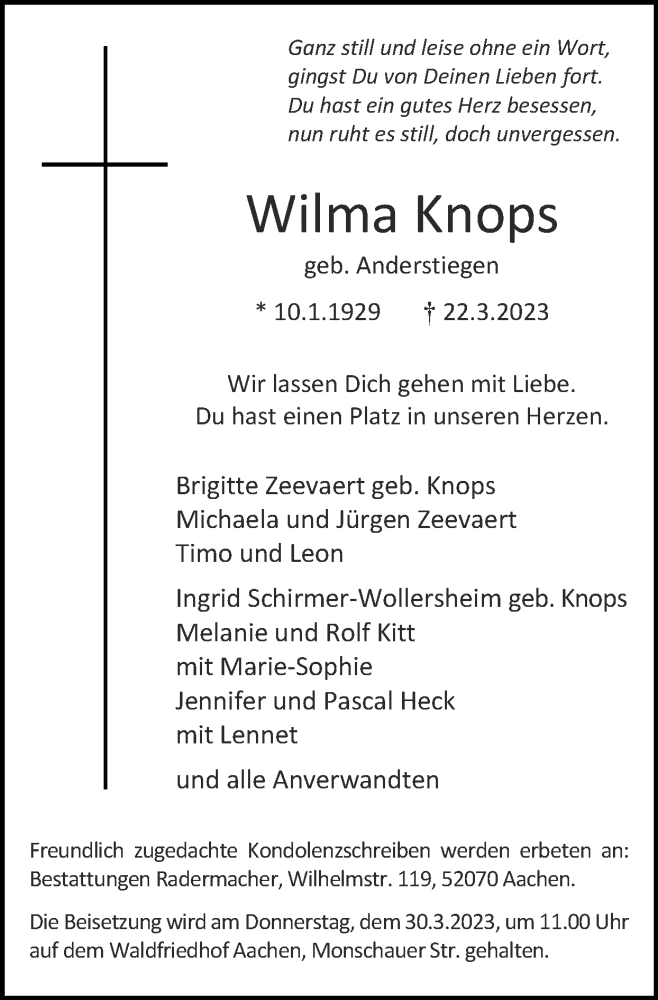  Traueranzeige für Wilma Knops vom 26.03.2023 aus Zeitung am Sonntag