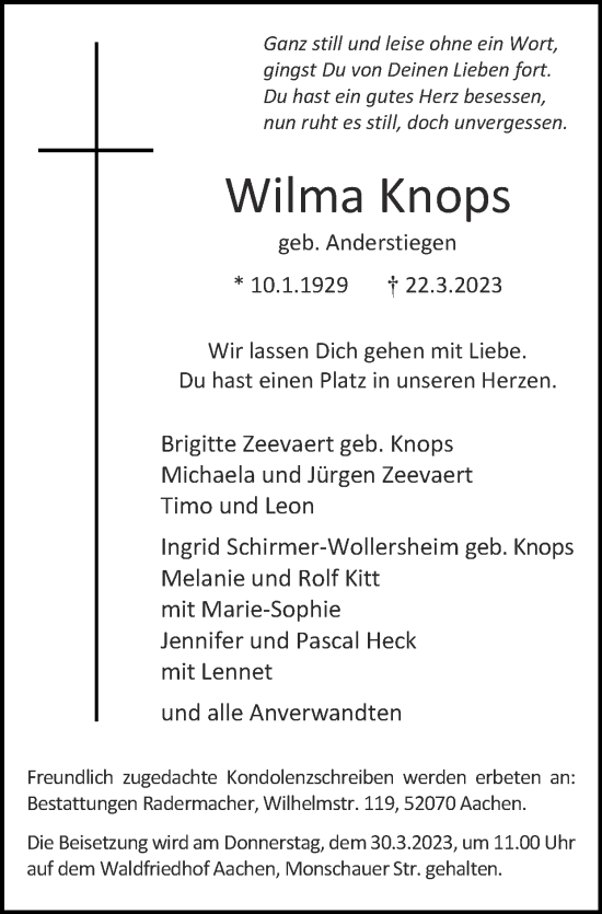 Traueranzeige von Wilma Knops von Zeitung am Sonntag