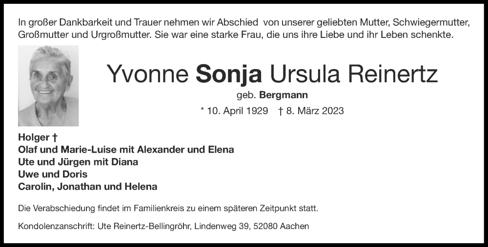  Traueranzeige für Yvonne Sonja Ursula Reinertz vom 25.03.2023 aus Aachener Zeitung