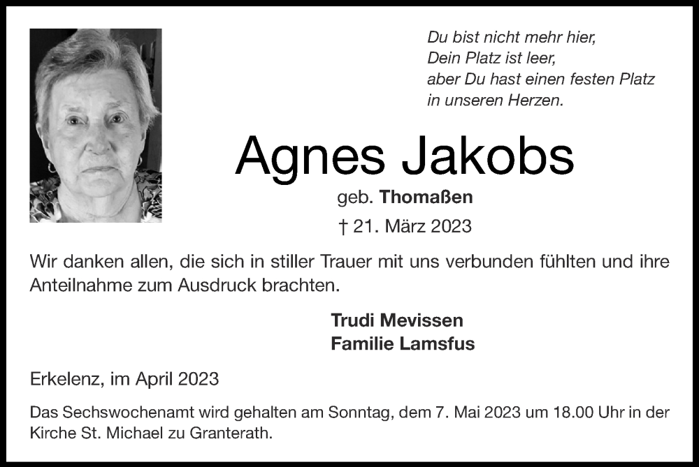  Traueranzeige für Agnes Jakobs vom 30.04.2023 aus Zeitung am Sonntag