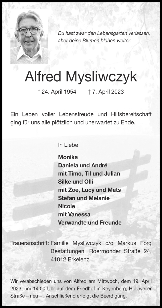 Traueranzeige von Alfred Mysliwczyk von Zeitung am Sonntag