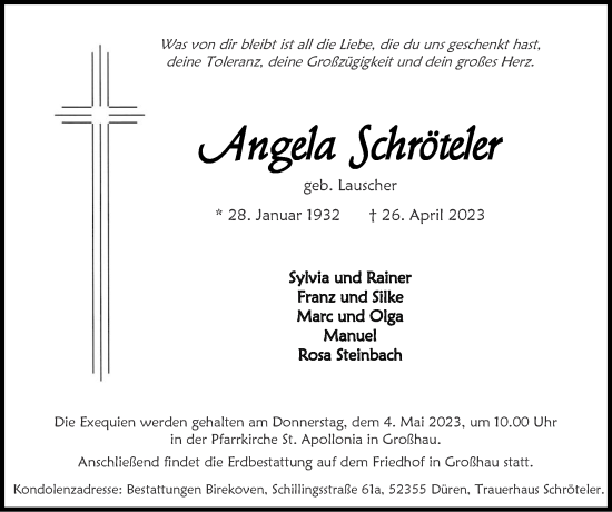 Traueranzeige von Angela Schröteler von Zeitung am Sonntag