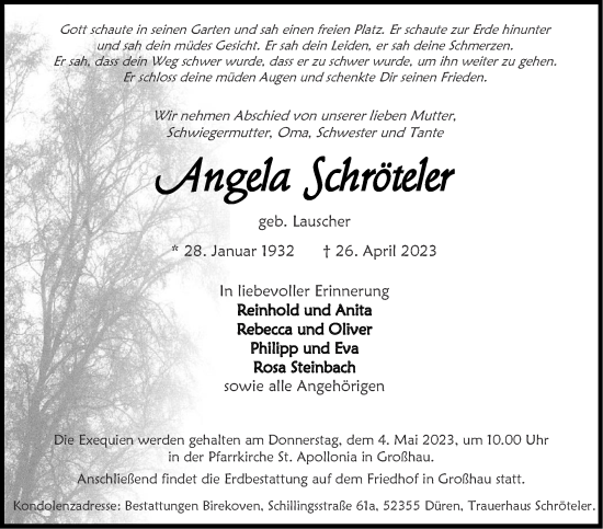 Traueranzeige von Angela Schröteler von Zeitung am Sonntag