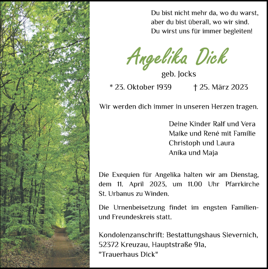 Traueranzeige von Angelika Dick von Zeitung am Sonntag