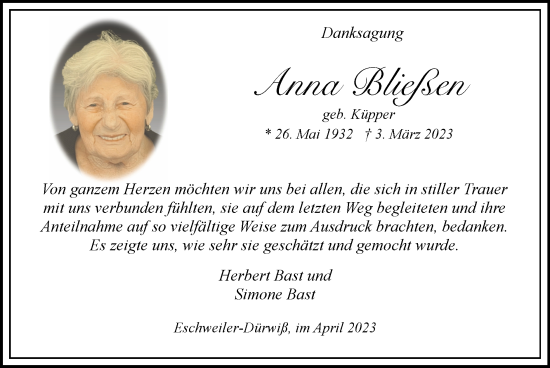 Traueranzeige von Anna Bließen von Zeitung am Sonntag
