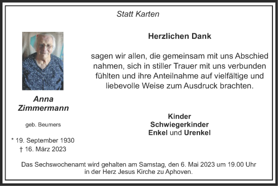 Traueranzeige von Anna Zimmermann von Zeitung am Sonntag