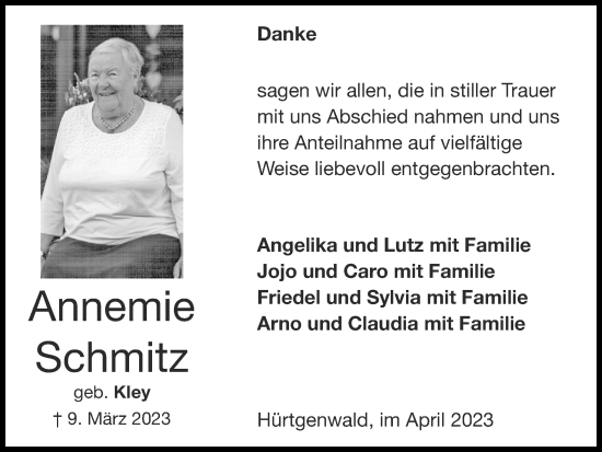 Traueranzeige von Annemie Schmitz von Zeitung am Sonntag