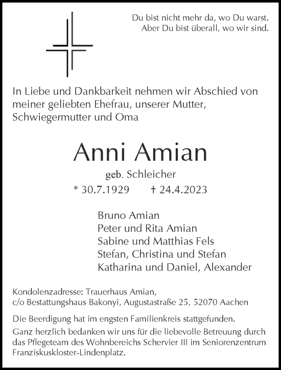 Traueranzeige von Anni Amian von Aachener Zeitung