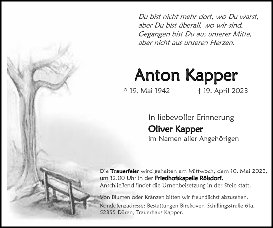 Traueranzeige von Anton Kapper von Zeitung am Sonntag