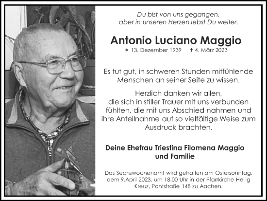 Traueranzeige von Antonio Luciano Maggio von Zeitung am Sonntag
