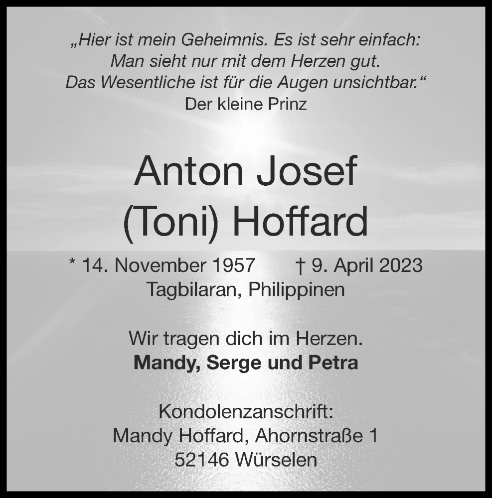  Traueranzeige für Anton Josef Hoffard vom 16.04.2023 aus Zeitung am Sonntag