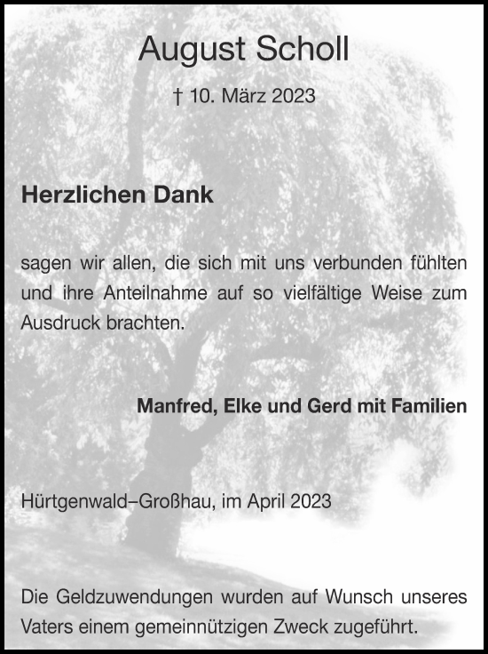 Traueranzeige von August Scholl von Zeitung am Sonntag