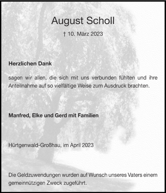 Traueranzeige von August Scholl von Aachener Zeitung