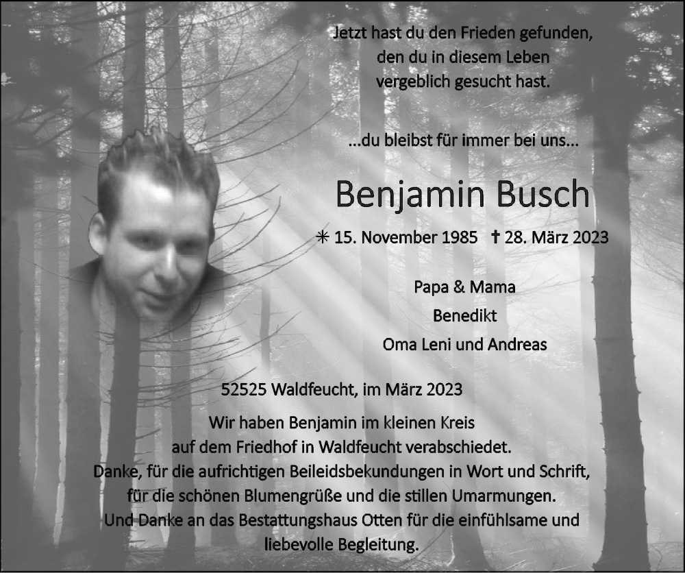  Traueranzeige für Benjamin Busch vom 16.04.2023 aus Zeitung am Sonntag